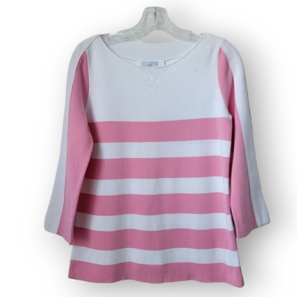 BOGNER Cotton Sweater Pink White Stripes 3/4 Sleeves Back Zipper Detail Size 6